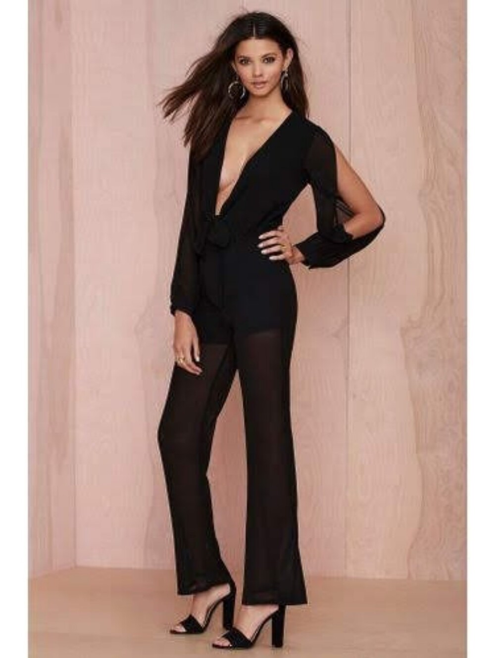 Nasty Gal Split Decision Plunging Mustard Color Poly Crepe Jumpsuit Open Sleeve - Picture 3 of 16
